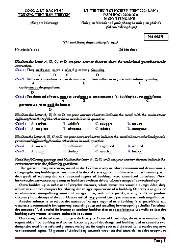 Đề thi thử Tốt nghiệp THPT lần 1 môn Tiếng Anh năm 2021 - Mã đề 873 - Trường THPT Hàn Thuyên (Có đáp án)