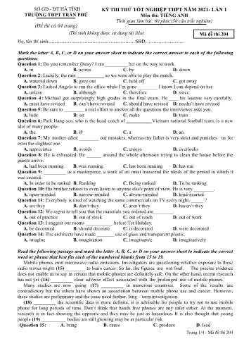 Đề thi thử Tốt nghiệp THPT lần 1 môn Tiếng Anh năm 2021 - Mã đề 204 - Trường THPT Trần Phú