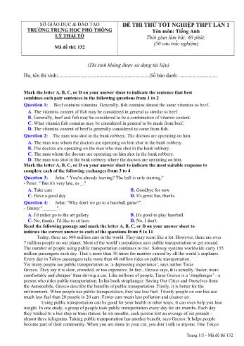 Đề thi thử Tốt nghiệp THPT lần 1 môn Tiếng Anh năm 2021 - Mã đề 132 - Trường THPT Lý Thái Tổ (Có đáp án)