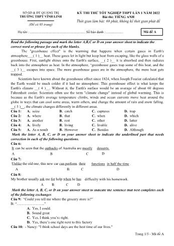 Đề thi thử Tốt nghiệp THPT lần 1 môn Tiếng Anh năm 2022 - Mã đề A - Trường THPT Vĩnh Linh