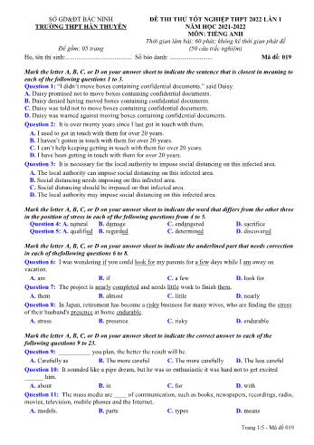 Đề thi thử Tốt nghiệp THPT lần 1 môn Tiếng Anh năm 2022 - Mã đề 019 - Trường THPT Hàn Thuyên (Có đáp án)