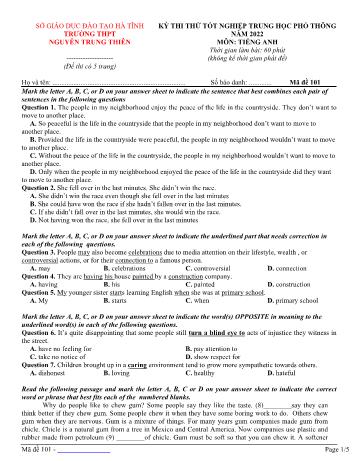 Đề thi thử Tốt nghiệp THPT lần 1 môn Tiếng Anh năm 2022 - Mã đề 101 - Trường THPT Nguyễn Trung Thiên (Có đáp án)