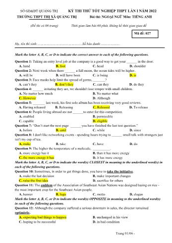 Đề thi thử Tốt nghiệp THPT lần 1 môn Tiếng Anh năm 2022 - Mã đề 027 - Trường THPT Thị xã Quảng Trị (Có đáp án)