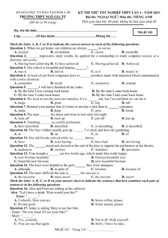 Đề thi thử Tốt nghiệp THPT lần 1 môn Tiếng Anh năm 2023 - Mã đề 101 - Trường THPT Ngô Gia Tự (Có đáp án)