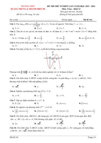 Đề thi thử Tốt nghiệp THPT lần 1 môn Toán - Mã đề 101 - Năm học 2023-2024 - Trường THPT Quang Trung - Thanh Miện 3 (Có đáp án)