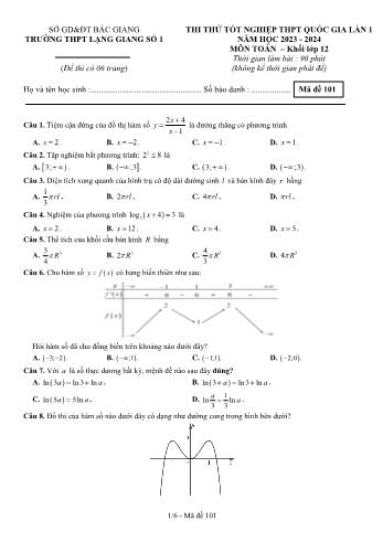 Đề thi thử Tốt nghiệp THPT lần 1 môn Toán - Mã đề 101 - Năm học 2023-2024 - Trường THPT Lạng Giang số 1 (Có đáp án)
