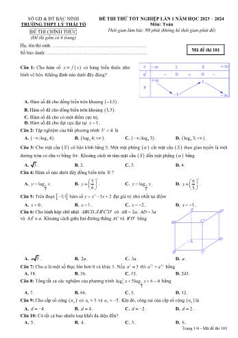 Đề thi thử Tốt nghiệp THPT lần 1 môn Toán - Mã đề 101 - Năm học 2023-2024 - Trường THPT Lý Thái Tổ (Có đáp án)