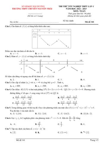 Đề thi thử Tốt nghiệp THPT lần 1 môn Toán - Mã đề 101 - Năm học 2022-2023 - Trường THPT chuyên Nguyễn Trãi (Có đáp án)