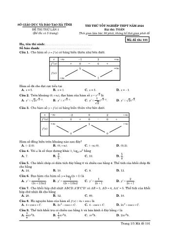 Đề thi thử Tốt nghiệp THPT lần 1 môn Toán năm 2024 - Mã đề 101 - Sở GD và ĐT Hà Tĩnh