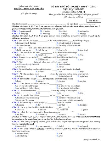 Đề thi thử Tốt nghiệp THPT lần 2 môn Tiếng Anh - Mã đề 103 - Năm học 2022-2023 - Trường THPT Hàn Thuyên (Có đáp án)