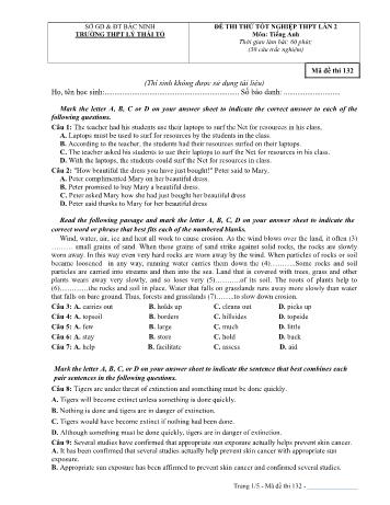 Đề thi thử Tốt nghiệp THPT lần 2 môn Tiếng Anh năm 2021 - Mã đề 132 - Trường THPT Lý Thái Tổ