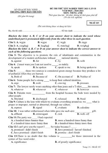 Đề thi thử Tốt nghiệp THPT lần 2 môn Tiếng Anh năm 2021 - Mã đề 103 - Trường THPT Hàn Thuyên (Có đáp án)