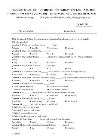 Đề thi thử Tốt nghiệp THPT lần 2 môn Tiếng Anh năm 2022 - Mã đề 001 - Trường THPT Thị xã Quảng Trị