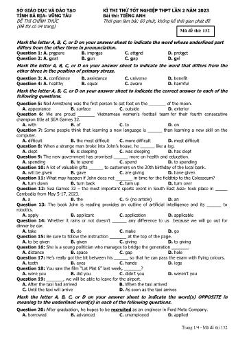 Đề thi thử Tốt nghiệp THPT lần 2 môn Tiếng Anh năm 2023 - Mã đề 132 - Sở GD và ĐT Bà Rịa - Vũng Tàu (Có đáp án)