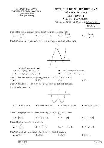 Đề thi thử Tốt nghiệp THPT lần 2 môn Toán - Mã đề 001 - Năm học 2023-2024 - Trường THPT Lục Ngạn số 1 (Có đáp án)