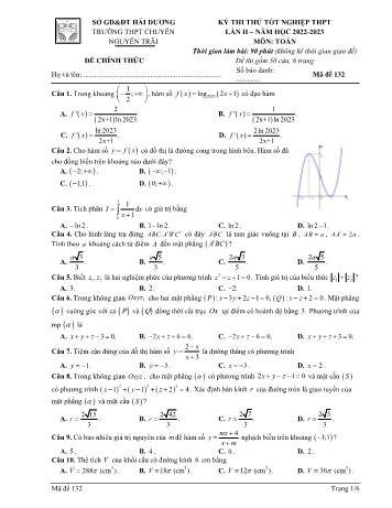 Đề thi thử Tốt nghiệp THPT lần 2 môn Toán - Mã đề 132 - Năm học 2022-2023 - Trường THPT chuyên Nguyễn Trãi (Có đáp án)