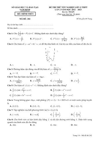 Đề thi thử Tốt nghiệp THPT lần 2 môn Toán - Mã đề 202 - Năm học 2022-2023 - Sở GD và ĐT Nam Định (Có đáp án)
