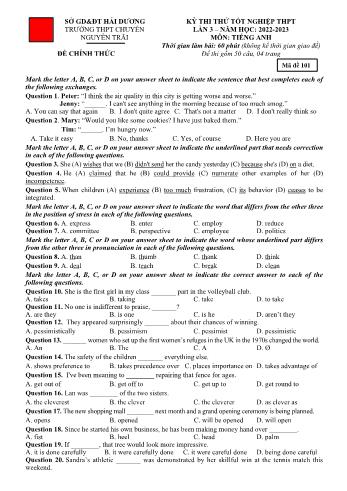 Đề thi thử Tốt nghiệp THPT lần 3 môn Tiếng Anh - Mã đề 101 - Năm học 2022-2023 - Trường THPT chuyên Nguyễn Trãi (Có đáp án)