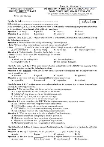 Đề thi thử Tốt nghiệp THPT lần 3 môn Tiếng Anh - Mã đề 401 - Năm học 2022-2023 - Trường THPT Yên Lạc 2 (Có đáp án)