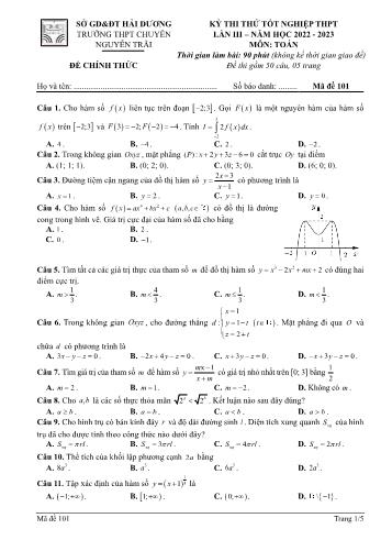 Đề thi thử Tốt nghiệp THPT lần 3 môn Toán - Mã đề 101 - Năm học 2022-2023 - Trường THPT chuyên Nguyễn Trãi (Có đáp án)