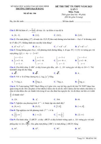 Đề thi thử Tốt nghiệp THPT lần 3 môn Toán năm 2023 - Mã đề 106 - Trường THPT Bạch Đằng (Có đáp án)