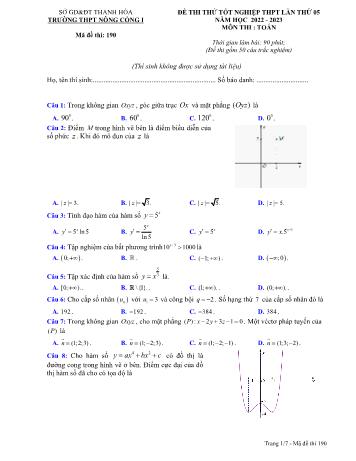 Đề thi thử Tốt nghiệp THPT lần 5 môn Toán - Mã đề 190 - Năm học 2022-2023 - Trường THPT Nông Cống 1 (Có đáp án)