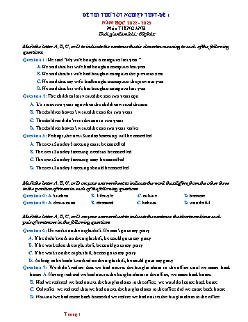 Đề thi thử Tốt nghiệp THPT môn Tiếng Anh - Đề 1 - Năm học 2022-2023 (Có đáp án)