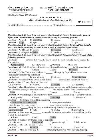 Đề thi thử Tốt nghiệp THPT môn Tiếng Anh - Mã đề 101 - Năm học 2021-2022 - Trường THPT Lê Lợi (Có đáp án)