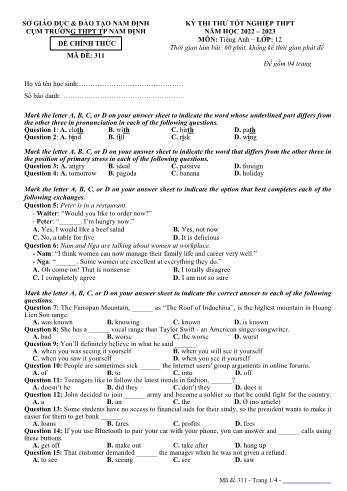 Đề thi thử Tốt nghiệp THPT môn Tiếng Anh - Mã đề 311 - Năm học 2022-2023 - Cụm trường THPT Thành phố Nam Định (Có đáp án)