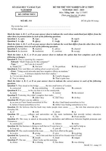 Đề thi thử Tốt nghiệp THPT môn Tiếng Anh - Mã đề 311 - Năm học 2022-2023 - Sở GD và ĐT Nam Định (Có đáp án)