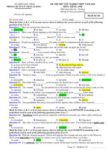 Đề thi thử Tốt nghiệp THPT môn Tiếng Anh năm 2020 - Mã đề 301 - Sở GD và ĐT Bắc Ninh (Có đáp án)