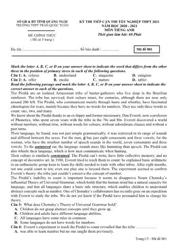 Đề thi thử Tốt nghiệp THPT môn Tiếng Anh năm 2021 - Mã đề 001 - Trường THPT Trần Quốc Tuấn (Có đáp án)