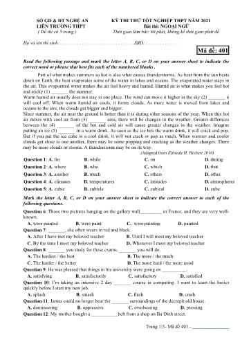 Đề thi thử Tốt nghiệp THPT môn Tiếng Anh năm 2021 - Mã đề 401 - Liên trường THPT Nghệ An (Có đáp án)