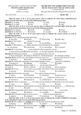 Đề thi thử Tốt nghiệp THPT môn Tiếng Anh năm 2022 - Mã đề 001 - Trường THPT Hương Sơn (Có đáp án)