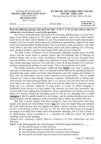 Đề thi thử Tốt nghiệp THPT môn Tiếng Anh năm 2022 - Mã đề 001 - Trường THPT Trần Quốc Tuấn (Có đáp án)