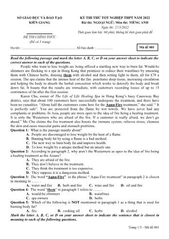 Đề thi thử Tốt nghiệp THPT môn Tiếng Anh năm 2022 - Mã đề 001 - Sở GD và ĐT Kiên Giang (Có đáp án)