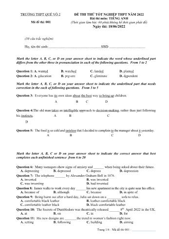 Đề thi thử Tốt nghiệp THPT môn Tiếng Anh năm 2022 - Mã đề 001 - Trường THPT Quế Võ 2 (Có đáp án)