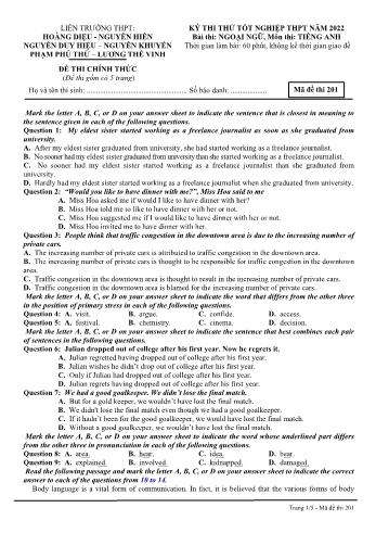 Đề thi thử Tốt nghiệp THPT môn Tiếng Anh năm 2022 - Mã đề 201 - Liên trường THPT Quảng Nam (Có đáp án)