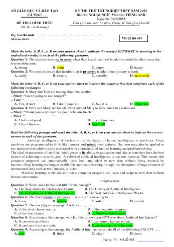 Đề thi thử Tốt nghiệp THPT môn Tiếng Anh năm 2022 - Mã đề 401 - Sở GD và ĐT Cà Mau (Có đáp án)