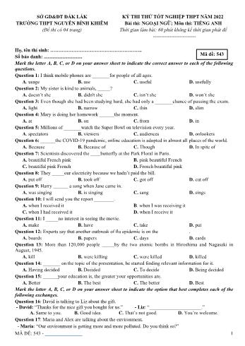 Đề thi thử Tốt nghiệp THPT môn Tiếng Anh năm 2022 - Mã đề 543 - Trường THPT Nguyễn Bỉnh Khiêm (Có đáp án)