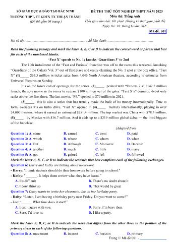 Đề thi thử Tốt nghiệp THPT môn Tiếng Anh năm 2023 - Mã đề 001 - Trường THPT, TT GDTX Thị xã Thuận Thành (Có đáp án)