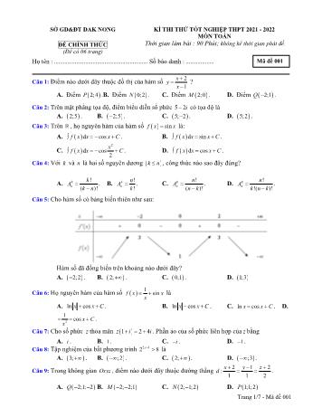 Đề thi thử Tốt nghiệp THPT môn Toán - Mã đề 001 - Năm học 2021-2022 - Sở GD và ĐT Đắk Nông