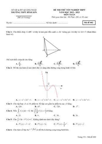 Đề thi thử Tốt nghiệp THPT môn Toán - Mã đề 002 - Năm học 2022-2023 - Trường THPT Bình Sơn (Có đáp án)