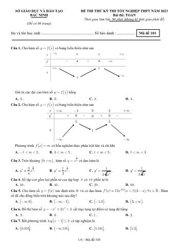 Đề thi thử Tốt nghiệp THPT môn Toán - Mã đề 101 - Năm học 2022-2023 - Sở GD và ĐT Bắc Ninh (Có đáp án)