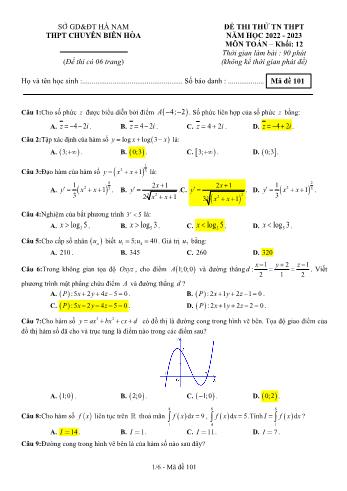 Đề thi thử Tốt nghiệp THPT môn Toán - Mã đề 101 - Năm học 2022-2023 - Trường THPT chuyên Biên Hòa (Có đáp án)