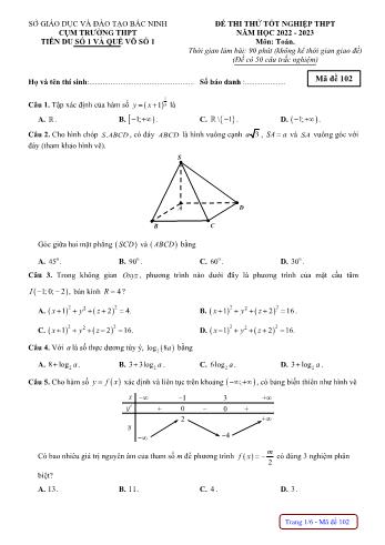 Đề thi thử Tốt nghiệp THPT môn Toán - Mã đề 102 - Năm học 2022-2023 - Cụm trường THPT Tiên Du số 1 và Quế Võ số 1 (Có đáp án)