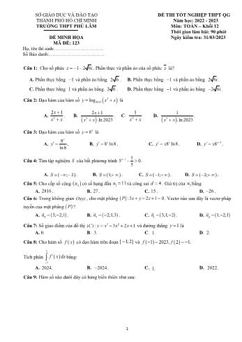 Đề thi thử Tốt nghiệp THPT môn Toán - Mã đề 123 - Năm học 2022-2023 - Trường THPT Phú Lâm (Có đáp án)