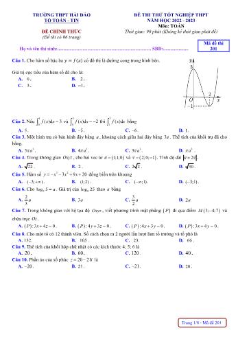 Đề thi thử Tốt nghiệp THPT môn Toán - Mã đề 201 - Năm học 2022-2023 - Trường THPT Hải Đảo (Có đáp án)
