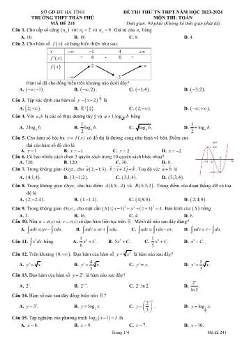 Đề thi thử Tốt nghiệp THPT môn Toán - Mã đề 241 - Năm học 2023-2024 - Trường THPT Trần Phú (Có đáp án)