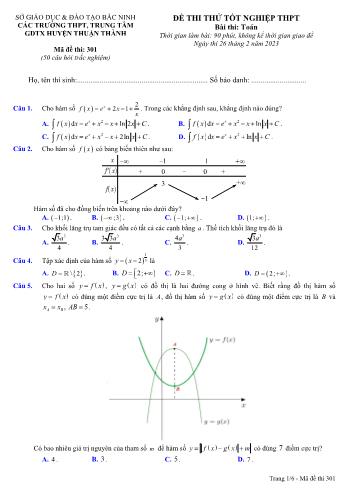 Đề thi thử Tốt nghiệp THPT môn Toán - Mã đề 301 - Năm học 2022-2023 - Cụm trường THPT huyện Thuận Thành (Có đáp án)